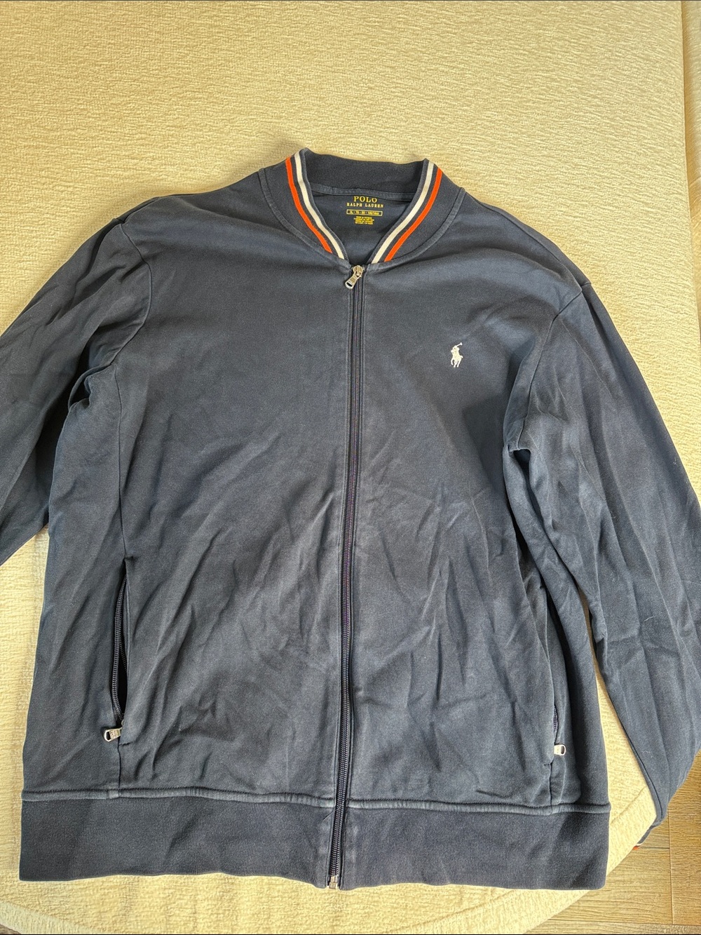 Polo by Ralph Lauren Navy Zip-Up Sweater with Red & Orange Trim Size XL